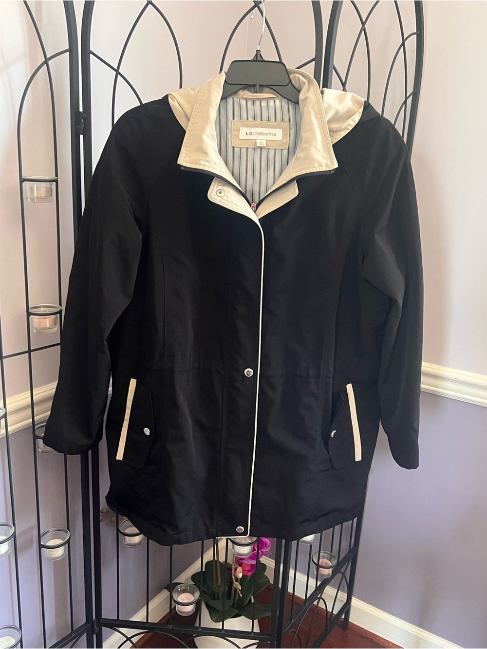 Liz Claiborne Black Trench Coat with Cream Trim Accents